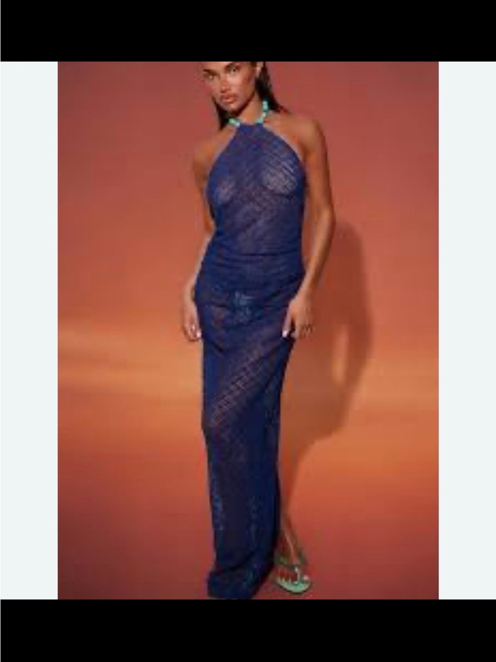 Sheer Crochet Halter Maxi Dress in Deep Blue-